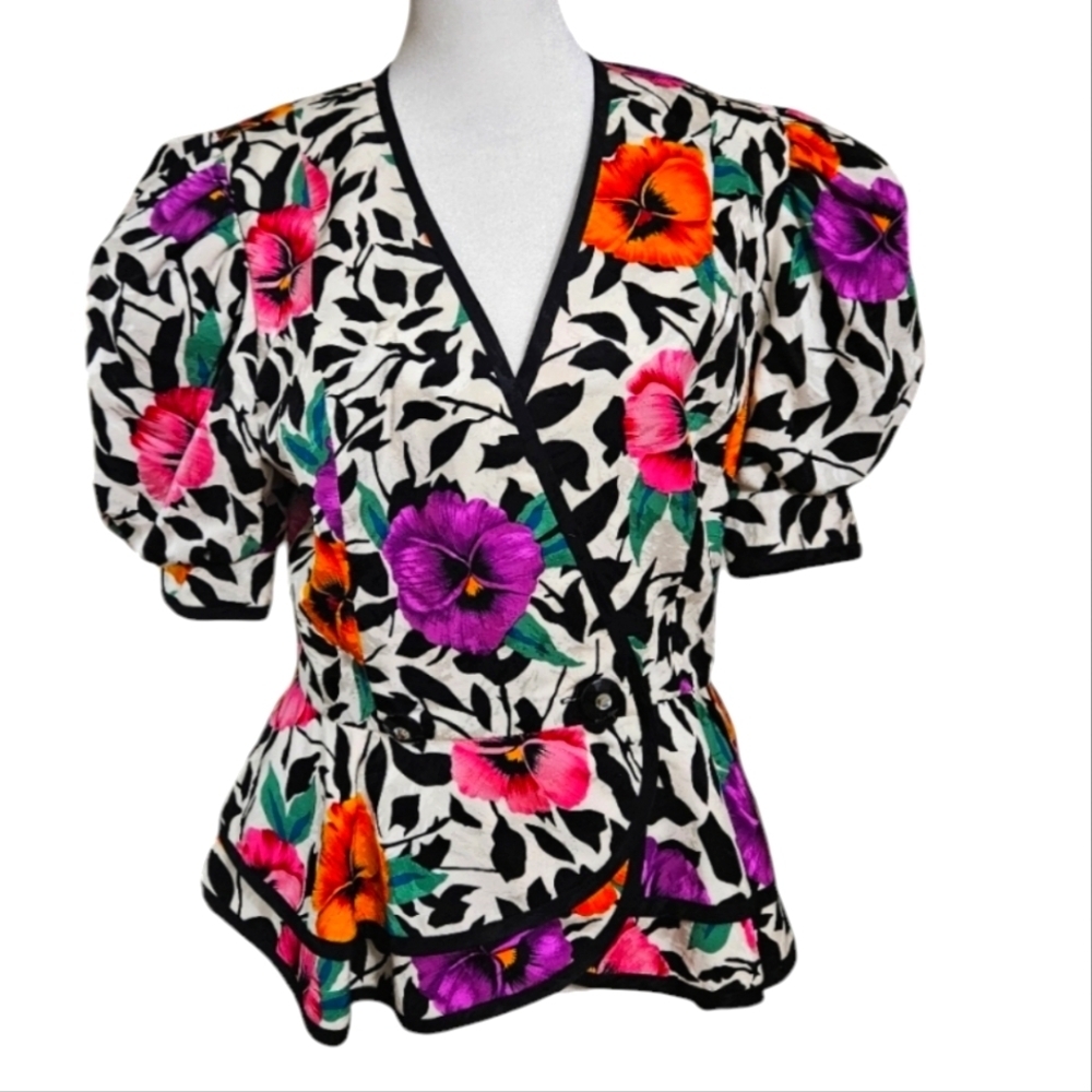Vintage A.J. Bari Petites 100% Silk Floral Blouse–Puff Sleeve Wrap Style Top. 10 - Picture 2 of 16